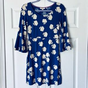 Boden Shabby Chic Butterfly Cuffs Blue and White Floral Mini Swoop Neck Dress